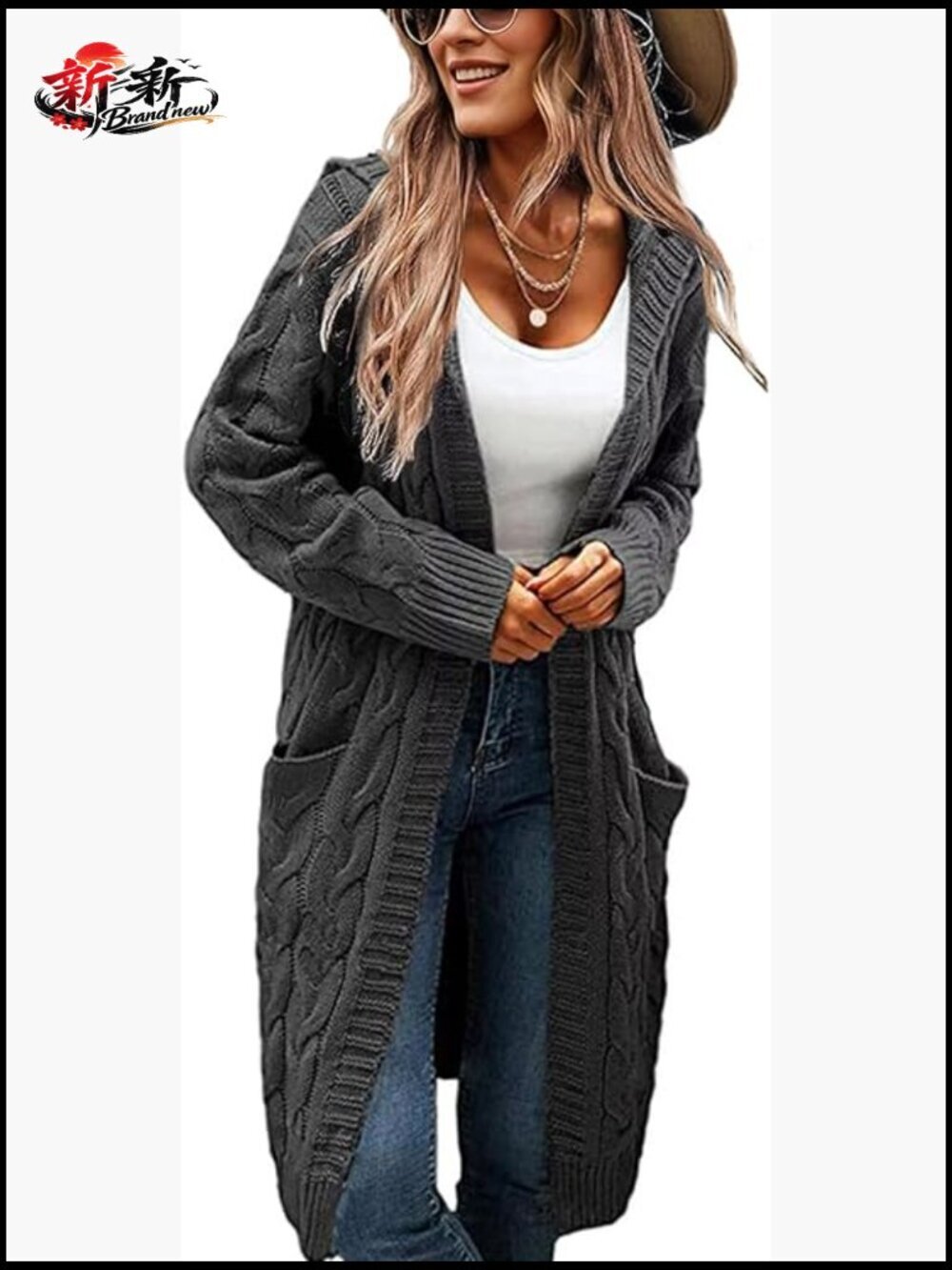 Oversized Chunky Cable Knit Open Front Cardigan with Pockets